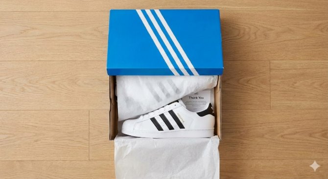 Origin&aacute;lna modr&aacute; krabica Adidas symbolizuj&uacute;ca radosť z doručenej objedn&aacute;vky