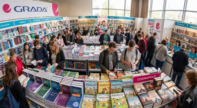 Živá scéna z knižného veľtrhu s mnohými ľuďmi prezerajúcimi si tlačené knihy v stánku nakladateľstva Grada, ukazujúca širokú ponuku odbornej aj populárnej literatúry.