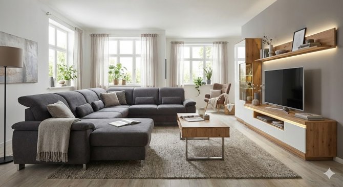 In&scaron;pir&aacute;cia pre modern&uacute; ob&yacute;vaciu izbu kompletne zariaden&uacute; n&aacute;bytkom z e-shopu ASKO n&aacute;bytok, vr&aacute;tane pohodlnej rohovej sedacej s&uacute;pravy v tvare U, dizajnov&eacute;ho konferenčn&eacute;ho stol&iacute;ka a &scaron;t&yacute;lovej ob&yacute;vacej steny s LED osvetlen&iacute;m