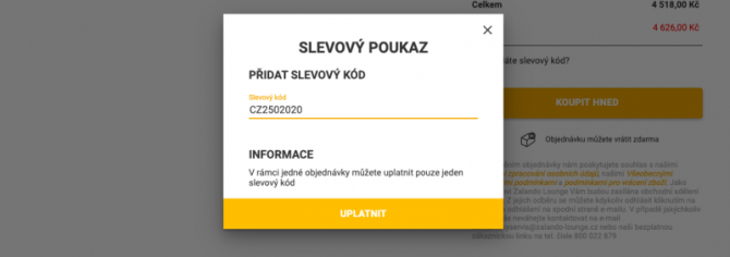 Detail poľa pre zadanie zľavového kódu v treťom kroku objednávky na e-shope Lounge by Zalando