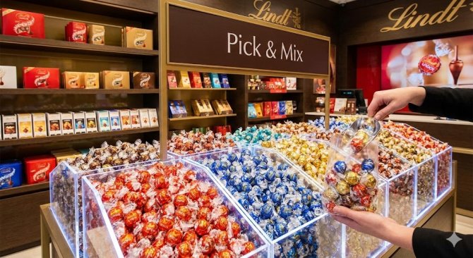 Stojan Lindt Pick & Mix s farebnými príchuťami praliniek Lindor, kde si zákazník naberá vlastný výber čokoládových bonbónov do darčekového vrecúška.