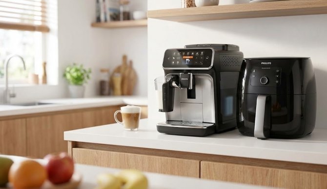 Dom&aacute;ce spotrebiče Philips, k&aacute;vovar LatteGo a frit&eacute;za Ovi v modernej kuchyni