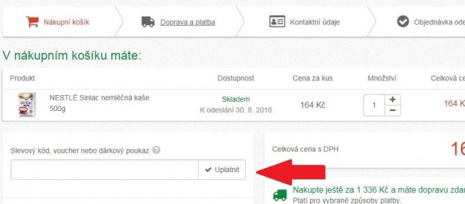 Zadanie zľavového kódu v košíku online lekárne MojaLekaren.sk pre získanie zľavy na lieky, kozmetiku a vitamíny