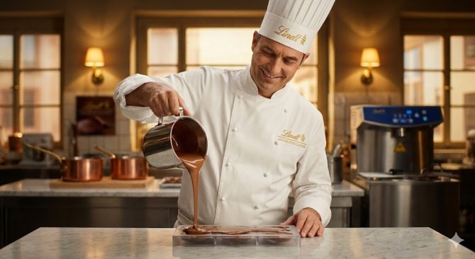 Lindt Maître Chocolatier v tradičnej bielej uniforme s úsmevom nalieva tekutú čokoládu do formy, symbolizujúc švajčiarsku kvalitu a majstrovskú ručnú výrobu.