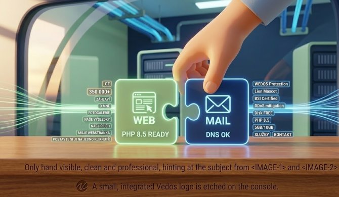 Jednoduch&eacute; nastavenie webhostingu a spr&aacute;va dom&eacute;n u VEDOS bez technick&yacute;ch znalost&iacute;. Využite intuit&iacute;vnu administr&aacute;ciu pre oddelen&eacute; nastavenie webu a e-mailov, ktor&eacute; &scaron;etr&iacute; v&aacute;&scaron; čas i nervy pri sp&uacute;&scaron;ťan&iacute; nov&eacute;ho online projektu.