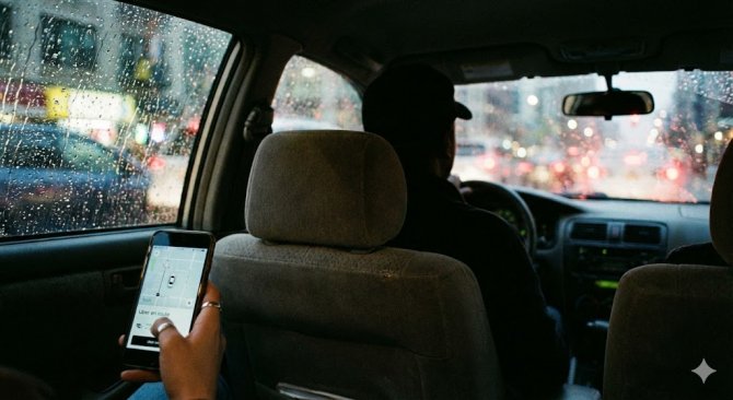 Pasažier drží v ruke telefón s aplikáciou Uber a zľavovým kódom počas jazdy na zadnom sedadle