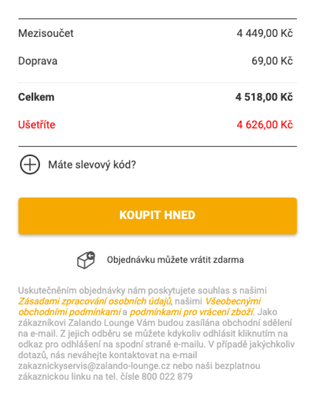 Ukážka nákupného košíka na Zalando Lounge pred vložením zľavového kódu na značkové oblečenie