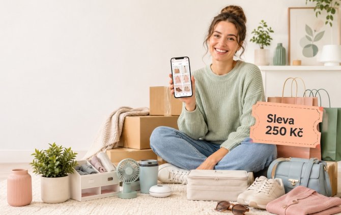 Žena s mobilom pri online nákupe a štítkom Zľava 10€ na Temu