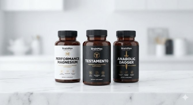 Prémiové doplnky stravy vlastnej značky BrainMax vyrovnané na mramorovom stole – konkrétne Performance Magnesium, Testamento a Anabolic Dagger.