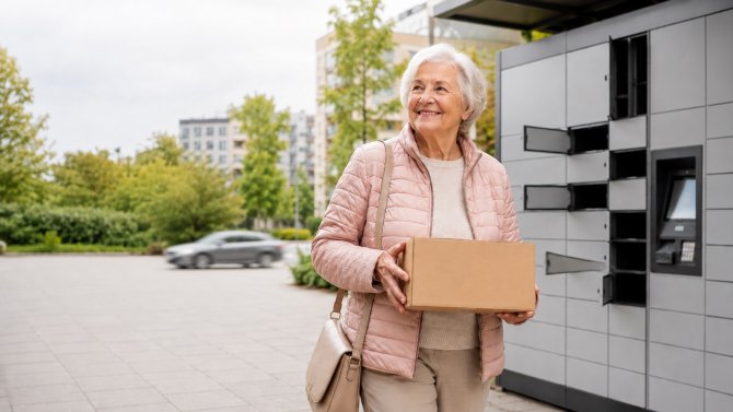 Seniorka s balíkom po vyzdvihnutí objednávky z výdajného boxu