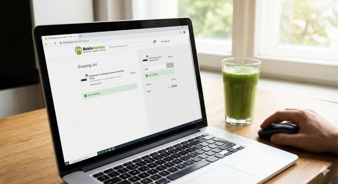 Detailný záber na obrazovku notebooku s otvoreným nákupným košíkom e-shopu BrainMarket.sk, ukazujúci políčko pre vloženie kupónu a potvrdenie úspešného uplatnenia všeobecného zľavového kódu.