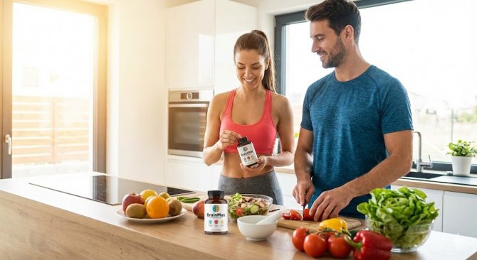 Aktívny pár v športovom oblečení v modernej slnečnej kuchyni pri príprave zdravého jedla; žena drží v ruke balenie doplnku stravy BrainMax, symbolizujúci biohacking životný štýl.