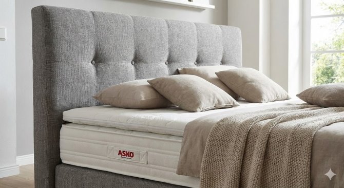 Detailn&yacute; z&aacute;ber na komfortn&uacute; manželsk&uacute; posteľ typu boxspring s vysok&yacute;m čal&uacute;nen&yacute;m čelom zo sp&aacute;nkov&eacute;ho &scaron;t&uacute;dia ASKO n&aacute;bytok ukazuj&uacute;ci &scaron;trukt&uacute;ru l&aacute;tky a kvalitu spracovania matraca