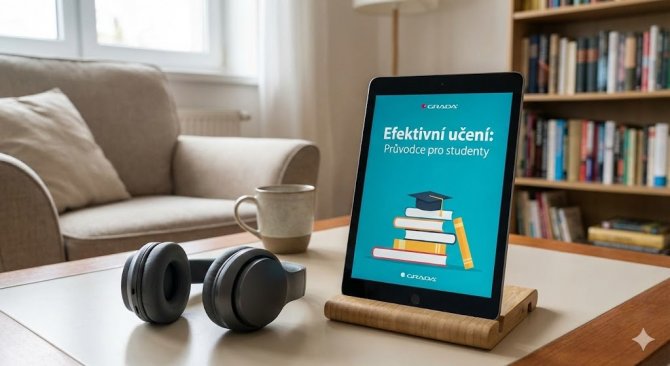 Tablet zobrazujúci e-knihu nakladateľstva Grada a bezdrôtové slúchadlá na stole, ilustrujúce moderné štúdium pomocou digitálnych formátov a audiokníh.