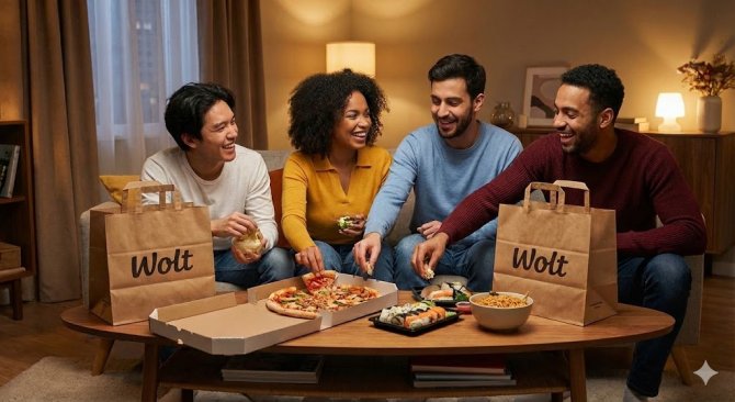 Skupina &scaron;tyroch priateľov v ob&yacute;vacej izbe spoločne zdieľa rozmanit&uacute; hostinu, vr&aacute;tane pizze a sushi, doručen&uacute; vo viacer&yacute;ch papierov&yacute;ch ta&scaron;k&aacute;ch Wolt.