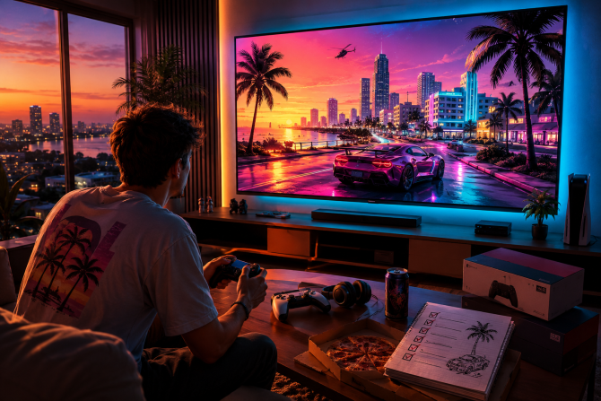 Hráč pripravený na vydanie GTA VI v izbe s konzolou a televízorom