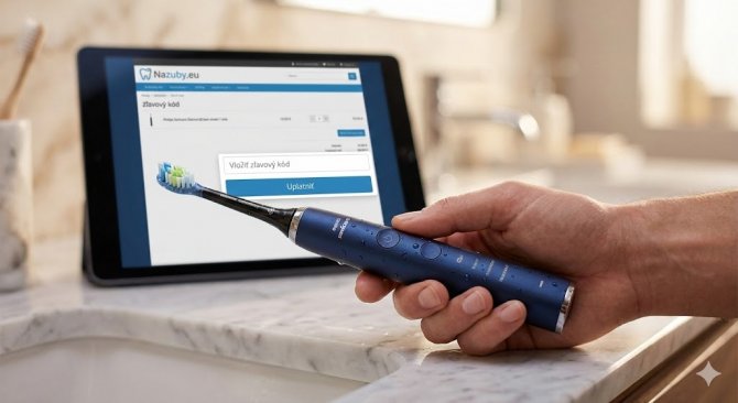 Detailný záber ruky držiacej prémiovú sonickú zubnú kefku Philips Sonicare v elegantnej kúpeľni, pričom na tablete v pozadí je zobrazený nákupný košík e-shopu Nazuby.eu pre uplatnenie zľavového kódu.