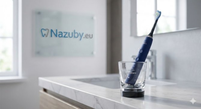 Profesionálny a čistý záber na modernú elektrickú zubnú kefku v dizajnovom nabíjacom pohári, s decentne umiestneným logom špecializovaného e-shopu Nazuby.eu v pozadí, evokujúci garanciu kvality.