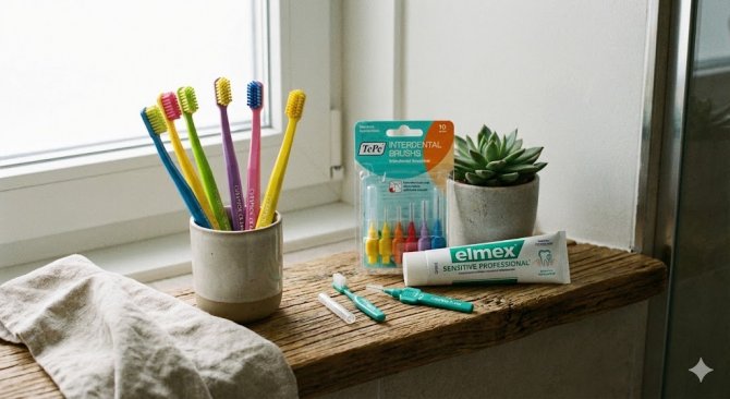 Autentické usporiadanie produktov dentálnej hygieny na drevenej poličke v modernej kúpeľni, zahŕňajúce populárne manuálne kefky Curaprox, sadu medzizubných kefiek TePe a špeciálnu zubnú pastu Elmex.